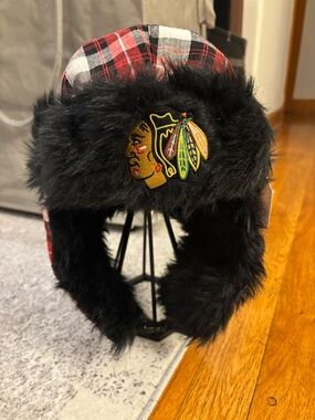 Blackhawks Plaid Trapper Hat with Black Faux Fur Trim and Embroidered Patch